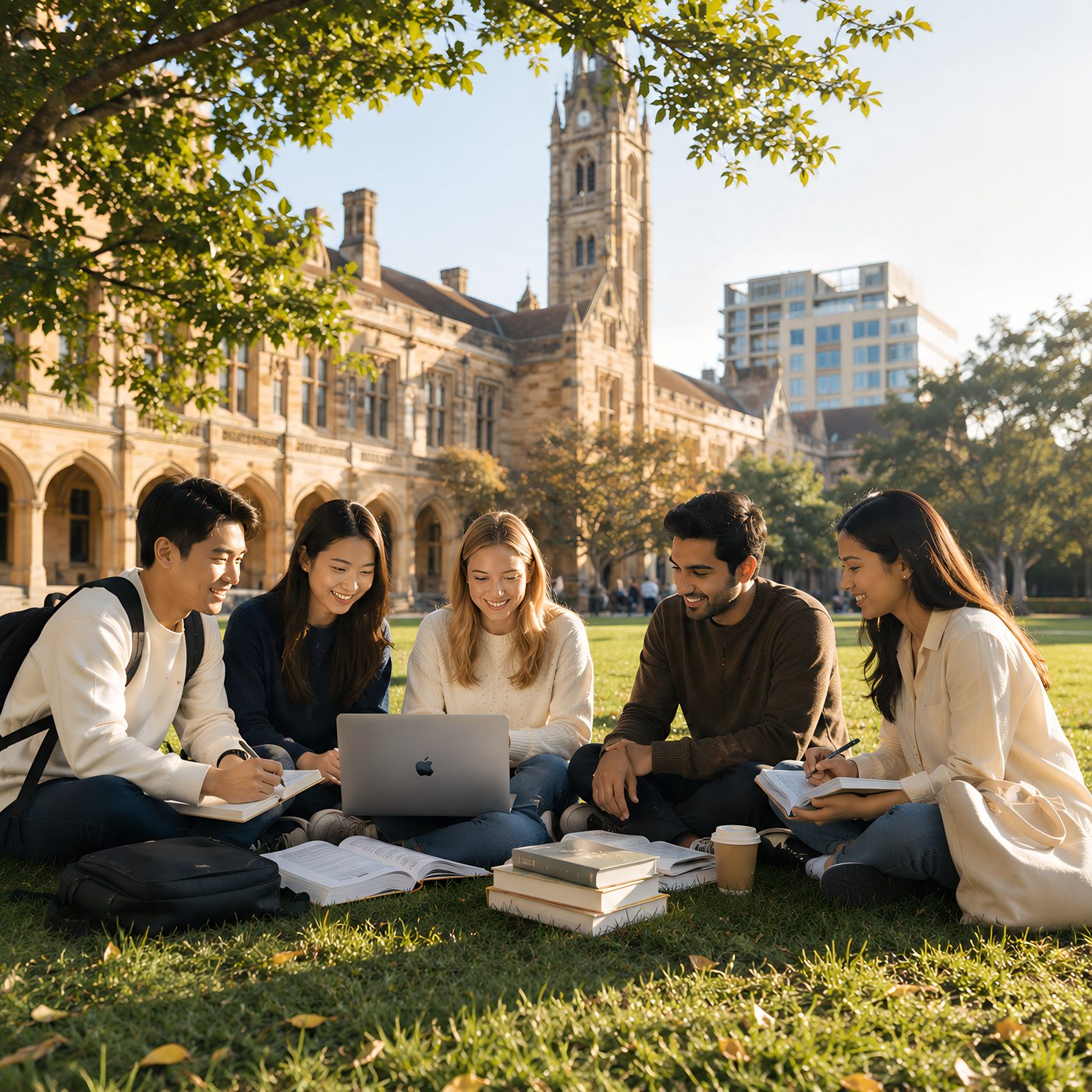 International students studying together on the lawn of a sandstone university campus in Australia